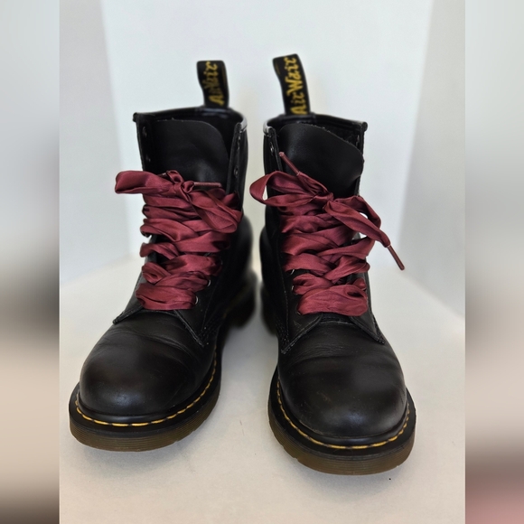 Dr. Martens Shoes - Dr. Martens Black Leather Combat Boots with Chunky Sole and Burgundy Laces